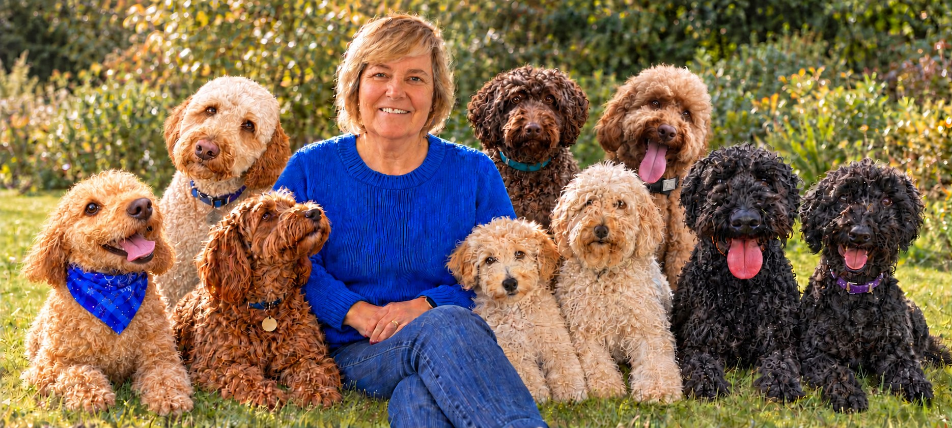 Jeanie sitting on the grass outdoors, smiling, surrounded by her Healing Hounds